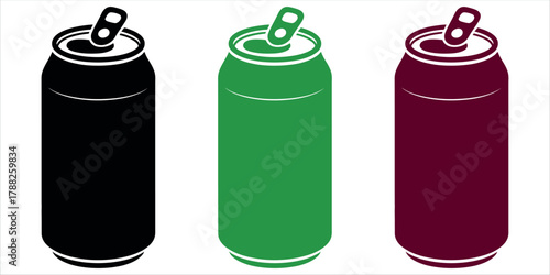 Quench your thirst with refreshing soda cans in black, green, and wine hues. Perfect for branding, beverage promotions, and vibrant design projects.