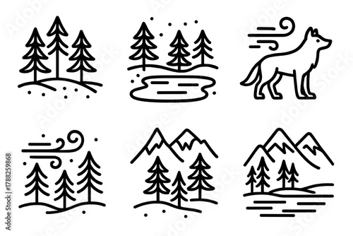 Winter Forest Icons. Boreal Forest linear icon set: evergreen trees, snowy ground, wolf, frozen lake, cold breeze, mountain backdrop.