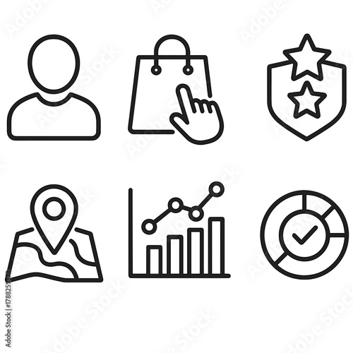 Customer Segmentation Icons. Customer Segmentation linear icon set: persona icon, purchase behavior, loyalty tier, geographic zone, preference chart, engagement score.
