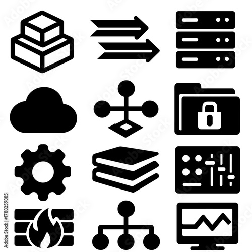 Brutalist Icon Set. Service Architecture silhouette icon set: layered cubes, data flow, server stack, secure folder, cloud icon, connection lines, virtualization layers, control