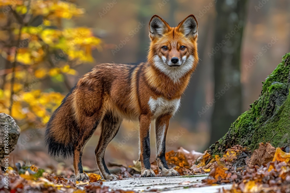 Obraz premium Maned wolf in autumn forest, looking at viewer