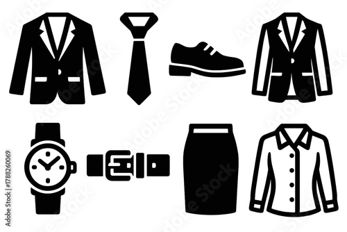 Brutalist Formal Icons. Formal Outfits Icons silhouette icon set: suit, tie, dress shoes, blazer, watch, belt, skirt, blouse.