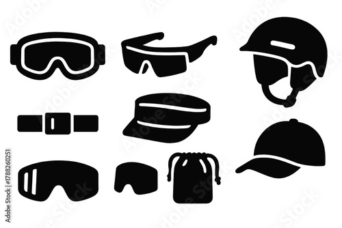 Brutalist Sport Eyewear Icons. Sport Eyewear Collection silhouette icon set: ski goggles, cycling glasses, visor, helmet, strap, lens, bag, cap.