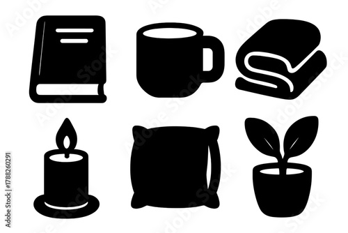 Brutalist Cozy Icons. Quiet Moment silhouette icon set: Book, Mug, Blanket, Candle, Pillow, Plant.