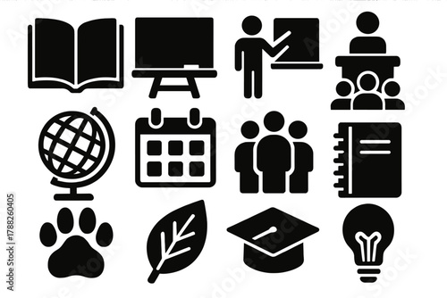 Brutalist Wildlife Icons. Educational Wildlife silhouette icon set: open book, chalkboard, teacher icon, classroom, globe, calendar, student group, animal paw print, leaf, notebook