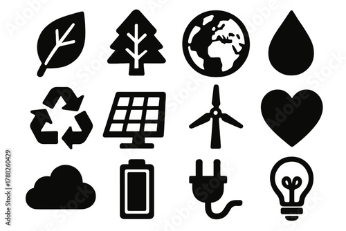 Brutalist Eco Icons. Environmental Protection silhouette icon set: leaf, tree, globe, water droplet, recycling arrows, solar panel, wind turbine, heart, cloud, battery, plug, light