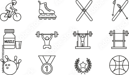 Sports icon set, fitness gear, exercise activity, achievement symbol, cad drawing flat vector illustration collection