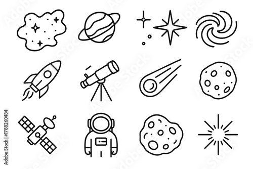 Space Icons Collection. Deep Space Nebula linear icon set: nebula, planet, star, galaxy, rocket, telescope, comet, satellite, astronaut, asteroid, moon, light rays.