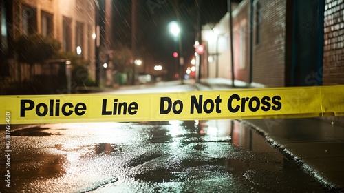 Police tape marking a restricted area on a rainy night, creating a suspenseful mood.