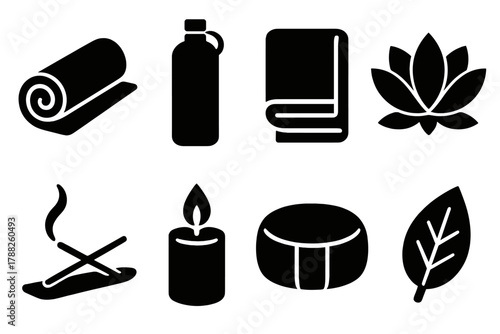 Bold Yoga Icons. Yoga Essentials silhouette icon set: yoga mat, water bottle, towel, lotus flower, incense, candle, cushion, leaf.