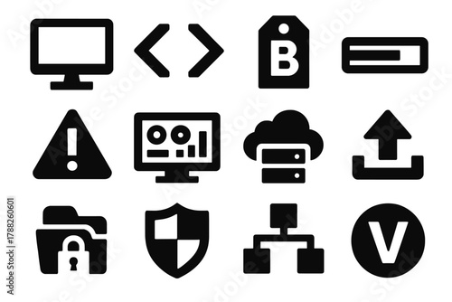 Brutalist Software Icons. Software Beta silhouette icon set: computer monitor, code brackets, beta tag, progress bar, alert triangle, dashboard interface, cloud server, upload