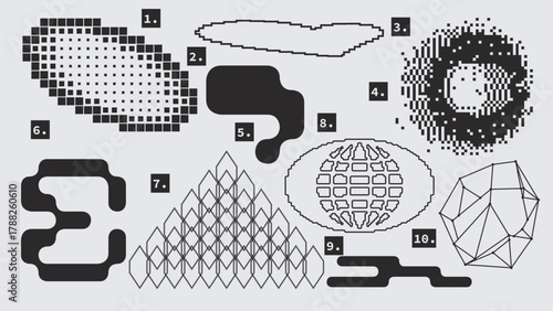 Vector Graphic Assets Set. Shapes in Y2k style, Futuristic, Brutalist, Anti-design