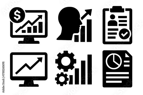 Brutalist Analytics Icons. Corporate Analytics silhouette icon set: revenue dashboard, customer insights, performance review, market trend, operational metrics, executive summary.