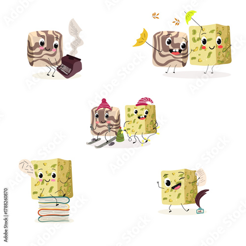 Funny Characters Turkish Halva confection, cubes with pistachio nut, layered chocolate tahini oriental dessert, hand drawn vector illustration.