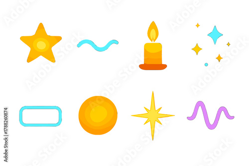 Vibrant Luminous Icons. Luminous Glow Symbols flat icons: glowing star, radiant wave, candlelight, sparkle dust, neon glow, flare circle, shimmer burst, light pulse