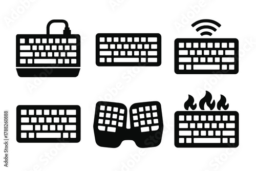 Bold Keyboard Icons. Computer Keyboards silhouette icon set: mechanical keyboard, membrane keyboard, wireless keyboard, compact keyboard, ergonomic keyboard, backlit keyboard.