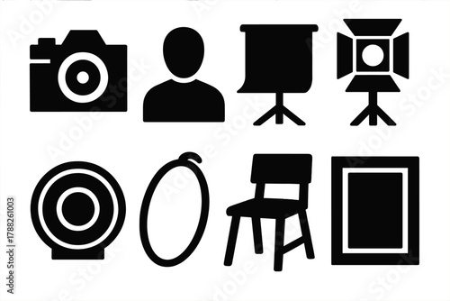 Brutalist Photography Icons. Portrait Photography silhouette icon set: camera, person silhouette, backdrop, light, lens, reflector, chair, frame.