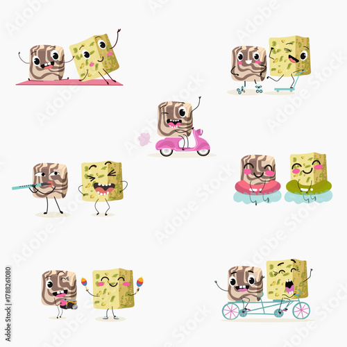 Funny Characters Turkish Halva confection, cubes with pistachio nut, layered chocolate tahini oriental dessert, hand drawn vector illustration.