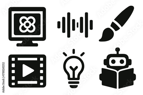 Brutalist AI Icon Set. Creative AI silhouette icon set: image generator, music waveform, art brush, video editor, idea bulb, storytelling bot.