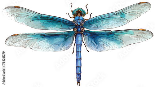 Detailed Vector Drawing of Dragonfly with Blue Tail - Outline Style