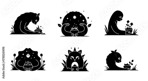 Collection of six unique black and white monster or creature silhouettes holding bowls with glowing elements or plants representing growth and nurturing concepts