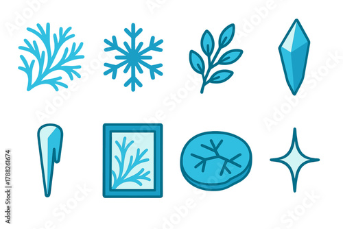 Vibrant Winter Icons. Winter Frost Pack flat icons: frost pattern, snowflake, frozen twig, ice shard, icicle, frosted window, frozen pond, sparkle