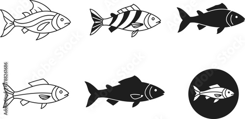 Stylized fish, aquatic icon, marine design, nature silhouette, graphic set, cad drawing flat vector illustration