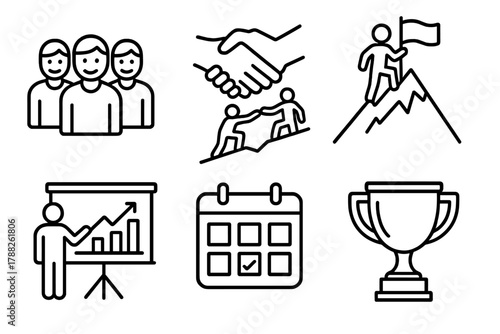 Teamwork Success Icons. Team overcoming obstacles linear icon set: group of people, handshake, flag on mountain, chart board, calendar, trophy.