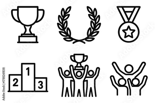 Championship Victory Icons. Sports Championship linear icon set: golden trophy, laurel wreath, victory podium, team celebration, medal ribbon, cheering crowd.