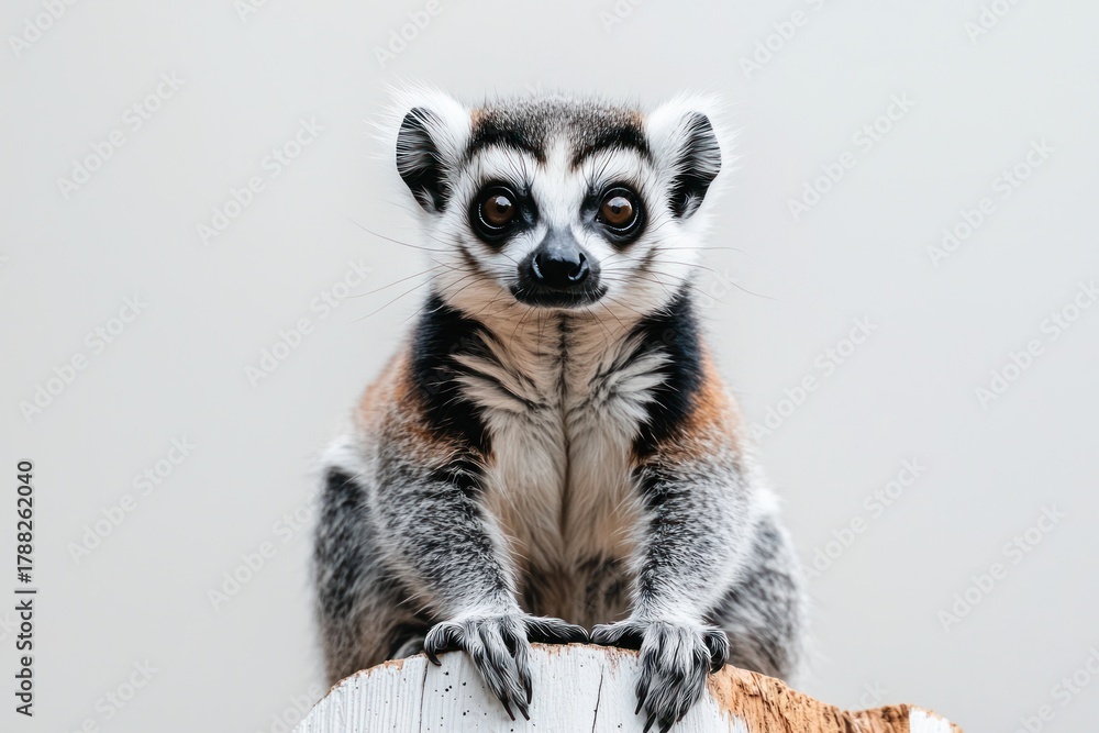 Obraz premium Ring-tailed lemur perched, staring with wide eyes against a neutral, clean backdrop