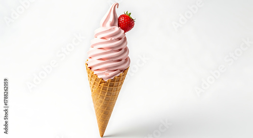 Strawberry soft serve ice cream cone with fresh berry