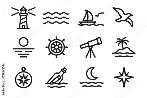 Ocean Exploration Icons. Oceanic horizon exploration icons linear icon set: lighthouse beam, calm waves, sailboat on horizon, seagull silhouette, sun reflection on water, ship