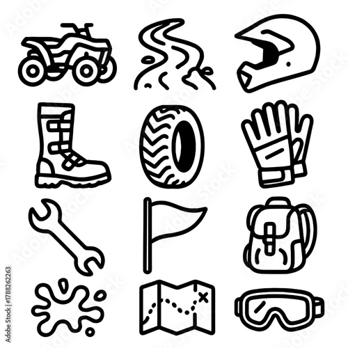 Trail Riding Icons. Trail Riding Icons linear icon set: ATV, dirt trail, helmet, gloves, boots, tire, flag, backpack, wrench, mud splash, map, goggles.
