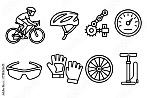 Cycling Icons Set. Cycling Stage linear icon set: road bike, helmet, chain, pedal, speedometer, sunglasses, gloves, tire pump.