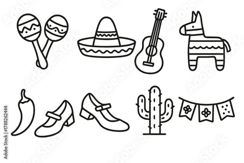 Latin Festival Icons. Latin Festival linear icon set: maracas, sombrero, guitar, piñata, chili pepper, dancing shoes, cactus, decorative banner.