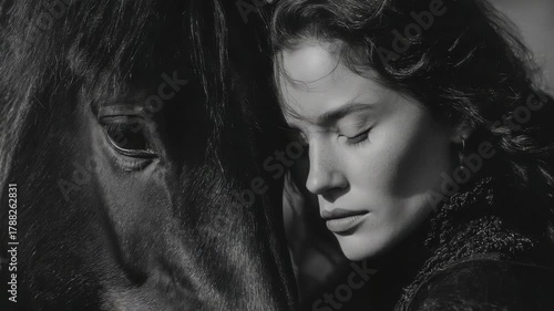 Black and white portrait of a woman with a horse highlighting a bond in nature during golden hour