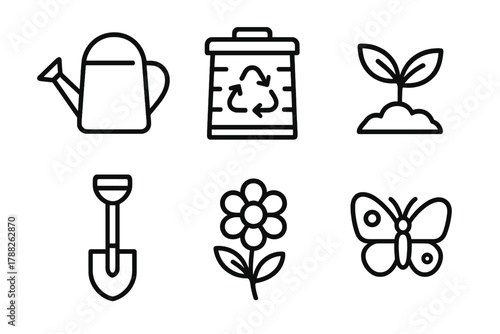 Eco Garden Icons. Eco Garden linear icon set: watering can, compost bin, sprout, shovel, flower, butterfly.