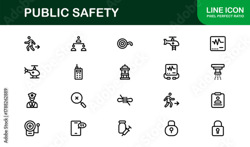 Public Safety Outline Icon Set. Sleek, professional icons for fire, police, medical response, and hazard management workflows.
