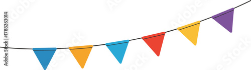 Colorful triangle bunting flags hanging on string for party decoration, festival celebration, carnival event, or cheerful holiday background