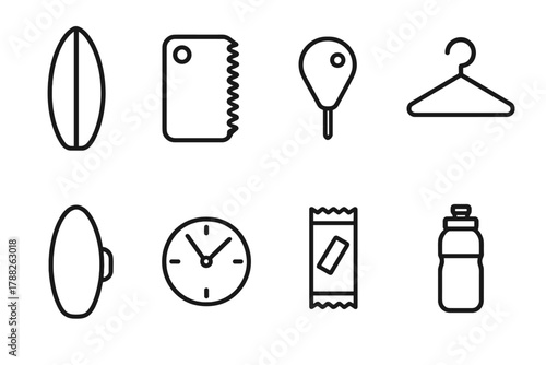 Surf Kit Essentials. Surf Essentials linear icon set: surfboard, wax comb, fin key, wetsuit hanger, bag, clock, energy bar, bottle.