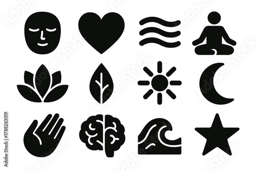 Brutalist Harmony Icons. Mind-Body Harmony Icons silhouette icon set: calm face, heart, breath symbol, yoga pose, lotus flower, leaf, sun, moon, hand, brain, wave, star.