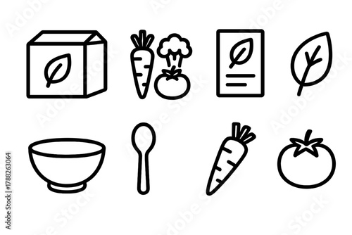 Plant-Based Meal Icons. Plant-Based Meal Kits linear icon set: box, vegetables, recipe card, leaf, bowl, spoon, carrot, tomato.
