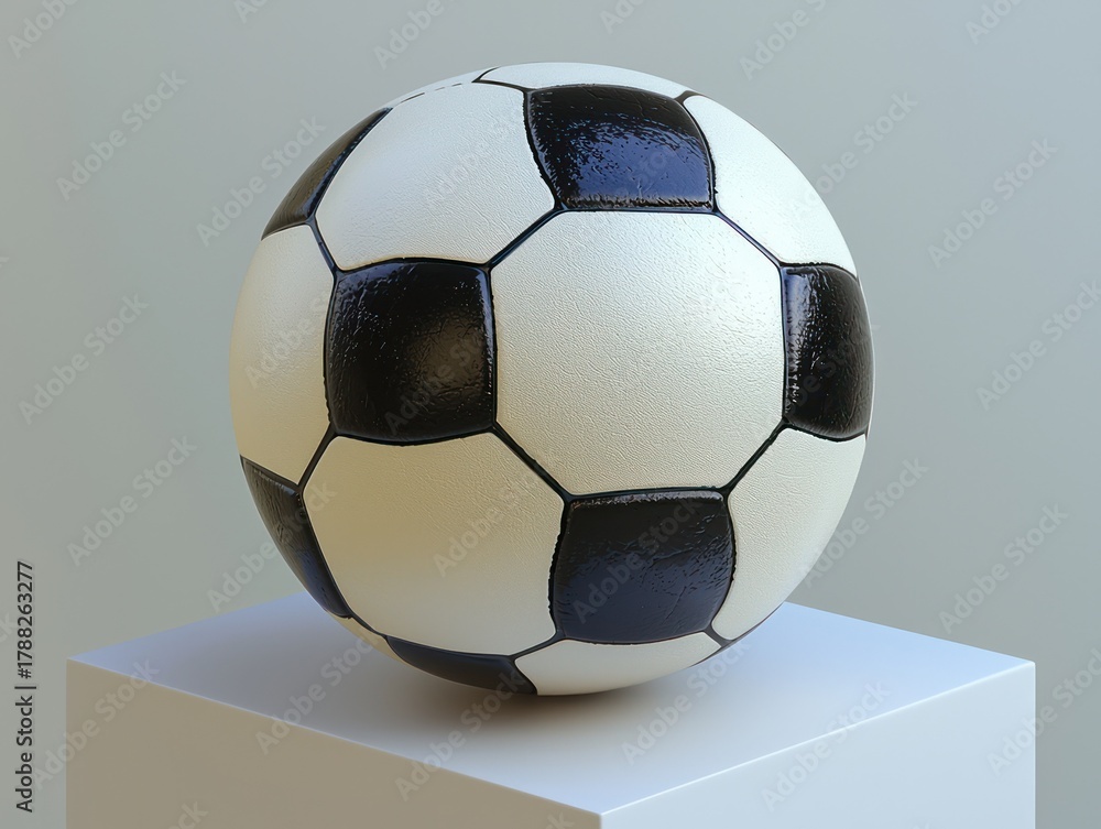 Obraz premium Soccer ball, black & white, sits on a white cubic pedestal