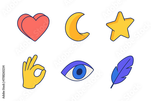 Vibrant Inner Peace Symbols. Inner Peace modern flat icons set: heart, moon, star, hand gesture, eye, feather.