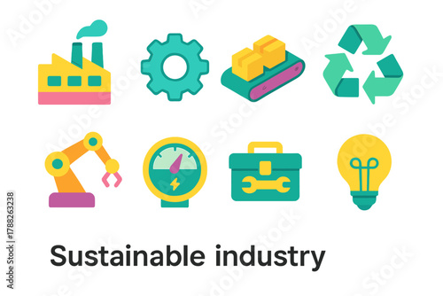 Sustainable Industry Icons. Sustainable Industry modern flat icons set: factory, gear, conveyor belt, recycling symbol, robot arm, energy meter, toolbox, light bulb.