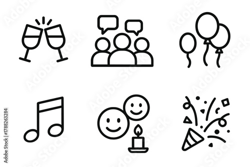 Festive Icon Celebration. Social Gatherings linear icon set: clinking glasses, group chat, dinner table, balloons, music note, smiling faces, candlelight, confetti.