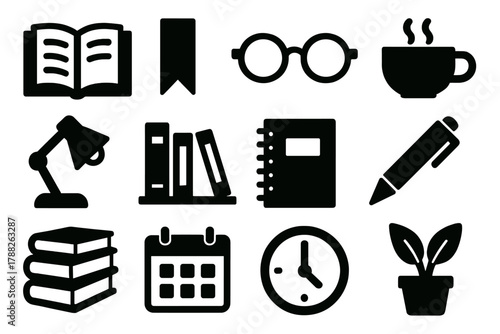 Bold Book Lover Icons. Book Lovers silhouette icon set: open book, bookmark, glasses, coffee cup, lamp, bookshelf, notebook, pen, stack of books, calendar, clock, plant.