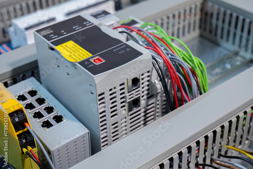 Industrial PLC system with connected network cables
