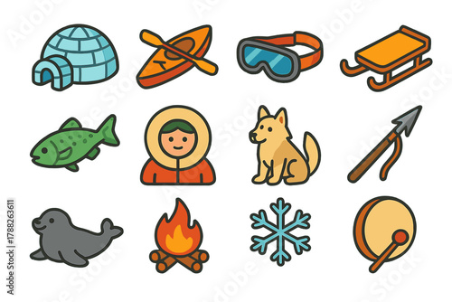 Arctic Culture Icons. Indigenous Arctic Culture modern flat icons set: igloo, kayak, snow goggles, sled, fish, fur hood, dog, harpoon, seal, fire, snowflake, drum.