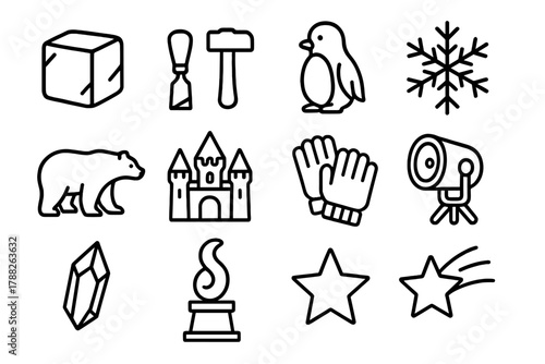 Ice Sculpture Icons. Ice Sculpture Festival linear icon set: ice block, chisel, hammer, penguin, snowflake, polar bear, ice castle, gloves, spotlight, ice shard, sculpture stand,